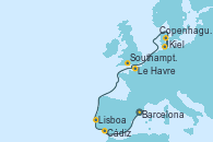 Visitando Barcelona, Cádiz (España), Lisboa (Portugal), Le Havre (Francia), Southampton (Inglaterra), Kiel (Alemania), Copenhague (Dinamarca)