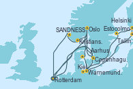 Visitando Rotterdam (Holanda), Copenhague (Dinamarca), Oslo (Noruega), Kristiansand (Noruega), SANDNESS (STAVANGER), Rotterdam (Holanda), Oslo (Noruega), Aarhus (Dinamarca), Warnemunde (Alemania), Tallin (Estonia), Helsinki (Finlandia), Estocolmo (Suecia), Estocolmo (Suecia), Kiel (Alemania), Copenhague (Dinamarca), Rotterdam (Holanda)