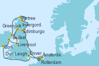 Visitando Rotterdam (Holanda), Edimburgo (Escocia), Edimburgo (Escocia), Invergordon (Escocia), Portree (Reino Unido), Belfast (Irlanda), Greenock (Escocia), Liverpool (Reino Unido), Dun Laoghaire (Dublin/Irlanda), Cork (Irlanda), Dover (Inglaterra), Ámsterdam (Holanda)