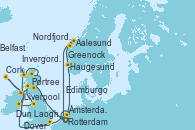 Visitando Rotterdam (Holanda), Edimburgo (Escocia), Edimburgo (Escocia), Invergordon (Escocia), Portree (Reino Unido), Belfast (Irlanda), Greenock (Escocia), Liverpool (Reino Unido), Dun Laoghaire (Dublin/Irlanda), Cork (Irlanda), Dover (Inglaterra), Ámsterdam (Holanda), Haugesund (Noruega), Nordfjordeid, Aalesund (Noruega), Rotterdam (Holanda)