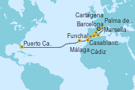 Visitando Barcelona, Marsella (Francia), Palma de Mallorca (España), Cartagena (Murcia), Málaga, Cádiz (España), Casablanca (Marruecos), Funchal (Madeira), Puerto Cañaveral (Florida)