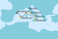 Visitando Barcelona, Palma de Mallorca (España), Ajaccio (Córcega), Messina (Sicilia), Salerno (Italia), Civitavecchia (Roma)