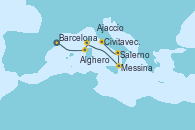 Visitando Barcelona, Alghero (Cerdeña), Ajaccio (Córcega), Messina (Sicilia), Salerno (Italia), Civitavecchia (Roma)