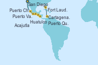 Visitando San Diego (California/EEUU), Puerto Vallarta (México), Huatulco (México), Puerto Chiapas (México), Puerto Quetzal (Guatemala), Acajutla (El Salvador), Cartagena de Indias (Colombia), Fort Lauderdale (Florida/EEUU)