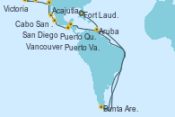 Visitando Fort Lauderdale (Florida/EEUU), Aruba (Antillas), Punta Arenas (Chile), Acajutla (El Salvador), Puerto Quetzal (Guatemala), Puerto Vallarta (México), Cabo San Lucas (México), San Diego (California/EEUU), Victoria (Canadá), Vancouver (Canadá)