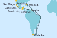 Visitando Fort Lauderdale (Florida/EEUU), Aruba (Antillas), Punta Arenas (Chile), Acajutla (El Salvador), Puerto Quetzal (Guatemala), Puerto Vallarta (México), Cabo San Lucas (México), San Diego (California/EEUU)