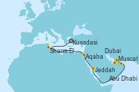 Visitando Kusadasi (Efeso/Turquía), Sharm El Sheik (Egipto), Aqaba (Jordania), Jeddah (Arabia Saudí), Muscat (Omán), Dubai, Abu Dhabi (Emiratos Árabes Unidos)