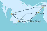 Visitando Abu Dhabi (Emiratos Árabes Unidos), Dubai, Sir Bani Yas Is (Emiratos Árabes Unidos), Abu Dhabi (Emiratos Árabes Unidos), Doha (Catar), Jasab (Omán), Abu Dhabi (Emiratos Árabes Unidos)