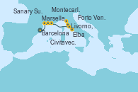 Visitando Barcelona, Marsella (Francia), Sanary Sur Mer (Francia), Montecarlo (Mónaco), Livorno, Pisa y Florencia (Italia), Livorno, Pisa y Florencia (Italia), Porto Venere (Italia), Elba (Portoferraio/Italia), Civitavecchia (Roma)