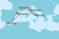 Visitando Barcelona, Gibraltar (Inglaterra), Marsella (Francia), La Spezia, Florencia y Pisa (Italia), Nápoles (Italia)