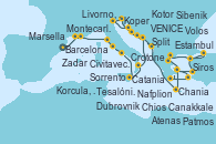 Visitando Barcelona, Marsella (Francia), Montecarlo (Mónaco), Livorno, Pisa y Florencia (Italia), Civitavecchia (Roma), Sorrento (Nápoles/Italia), Catania (Sicilia), Crotone (Italia), Kotor (Montenegro), Koper (Eslovenia), VENICE (FUSINA) -  ITALY, Zadar (Croacia), Sibenik (Croacia), Split (Croacia), Korcula, Croatia, Dubrovnik (Croacia), Kotor (Montenegro), Chania (Creta/Grecia), Atenas (Grecia), Chios (Grecia), Estambul (Turquía), Estambul (Turquía), Canakkale (Turquía), Tesalónica (Grecia), Tesalónica (Grecia), Volos (Grecia), Siros (Grecia), Patmos (Grecia), Nafplion (Grecia), Atenas (Grecia)