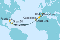 Visitando Barcelona, Cádiz (España), Casablanca (Marruecos), Santa Cruz de la Palma (España), Charlotte Amalie (St. Thomas), Great Stirrup Cay (Bahamas), Puerto Cañaveral (Florida)